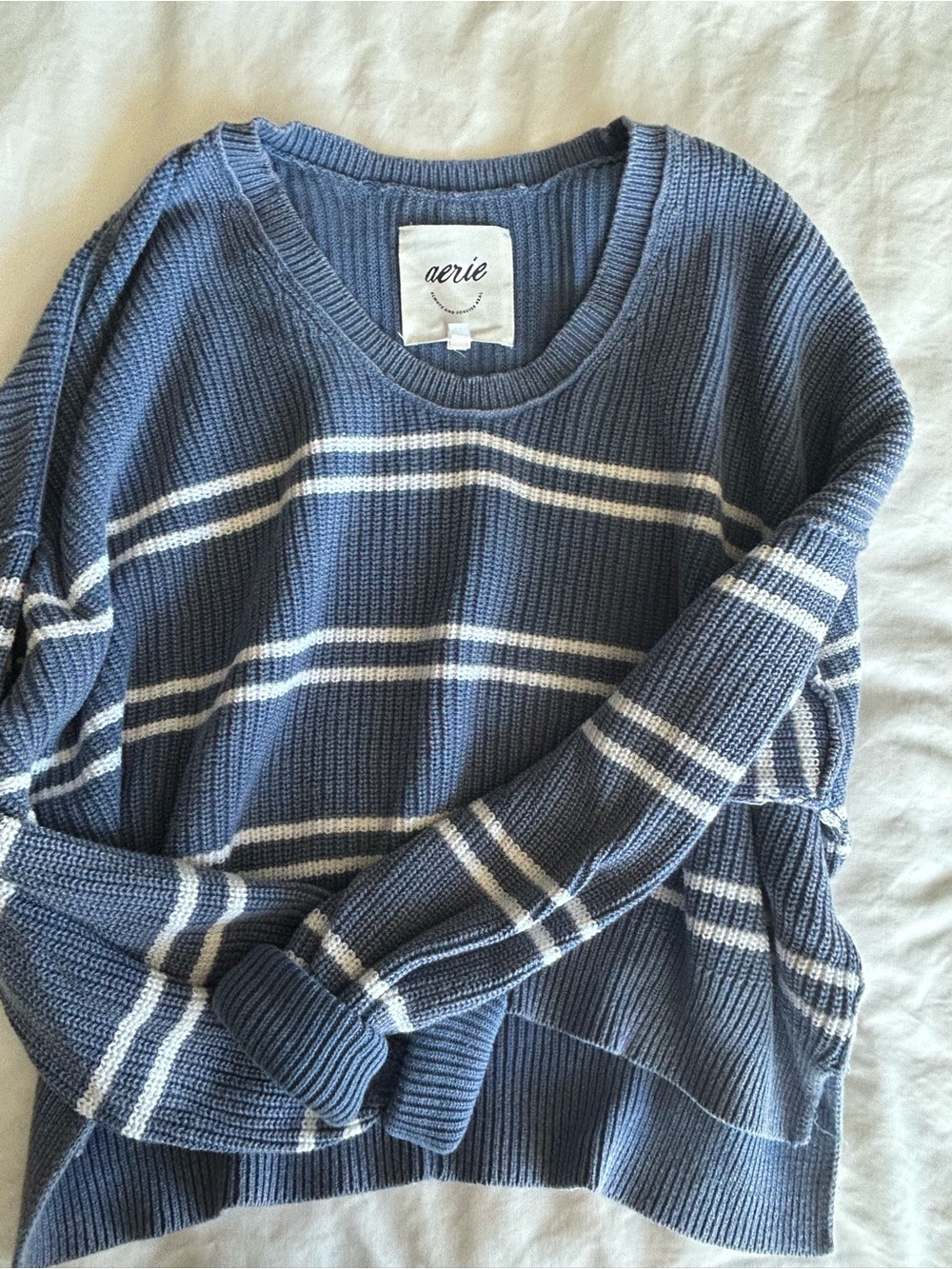 aerie Blue and White Striped Crewneck Sweater